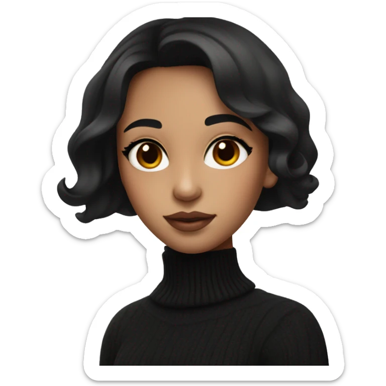a girl with black hair and brown eyes is dressed in a black sweater with a cutout and nude makeup sticker