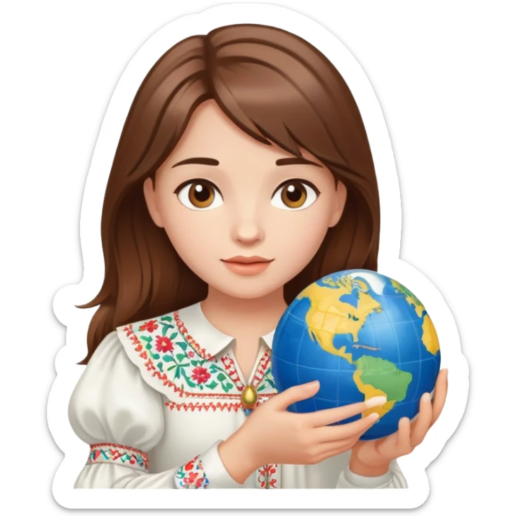 Beautiful young girl with brown hair wearing a white Ukrainian embroidered shirt holding a globe in her hand sticker