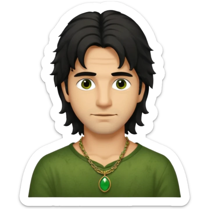 italian man with long black shaggy hair, brown eyes, green stained neck from necklace  sticker