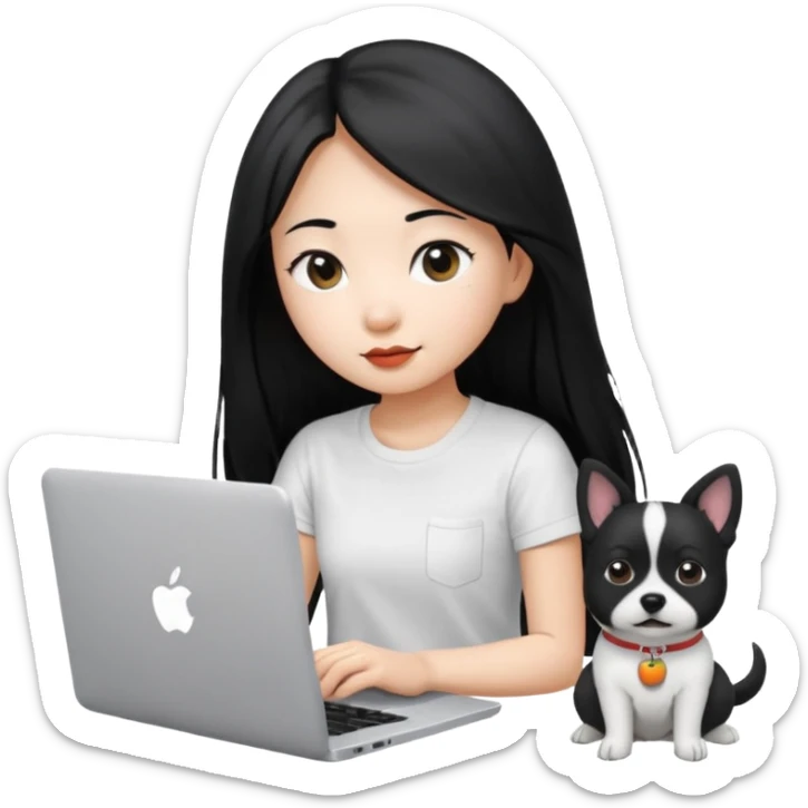 Blue back ground, Asian girl with long black hair , wearing a white t-shirt, working on an Apple laptop, next to her is a small black and white dog sticker