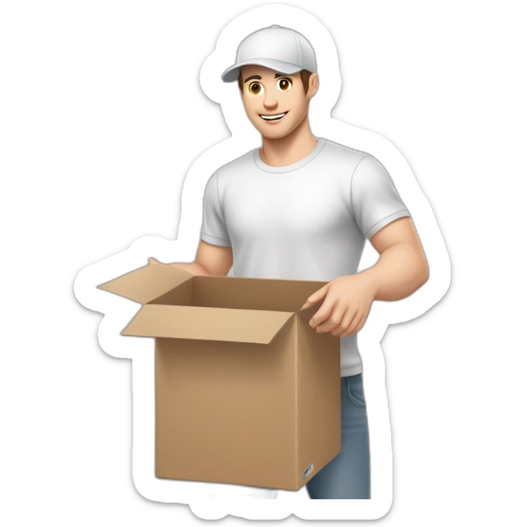 Pale skinned fit Man with dark brown hair in a white cap, gray jeans and gray polo T-shirt keeping a pasted box into his hands sticker