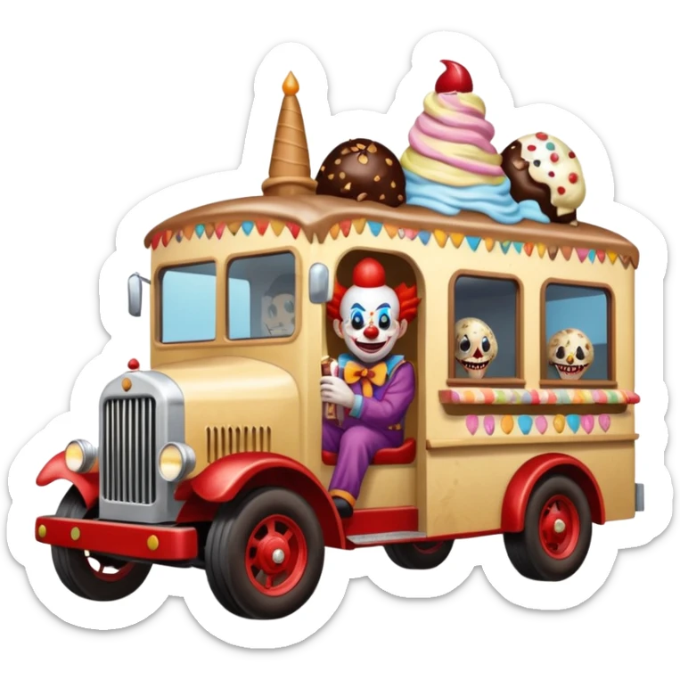 Crazy killer Clown’s Jenkins 4wd monster 1924 freight liner racing ice cream with chocolate, nuts and sprinkles dream house food truck  sticker