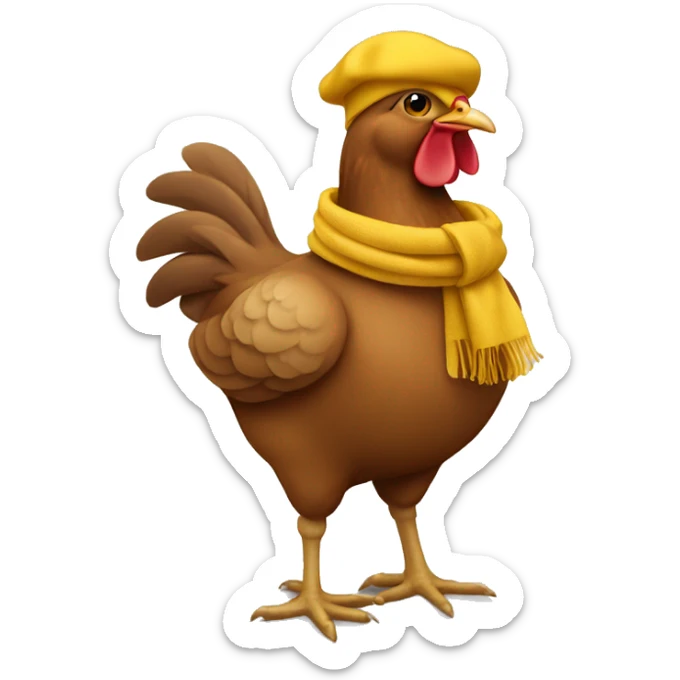 Brown hen showing full body wearing a mustard yellow scarf and mustard yellow beret sticker
