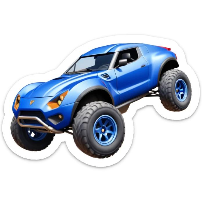 Satan’s (post race) ultra blue wide body Dirty and dented Local Motors Rally Fighter off road race car hot rod flying turning a tight corner (silver wheels) sticker