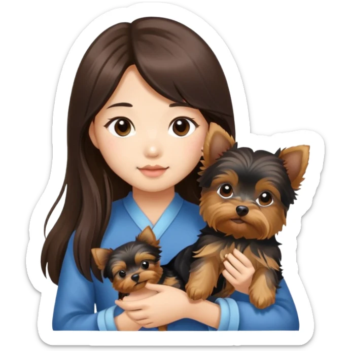Brunette long hair asian girl with yorkie puppy sticker