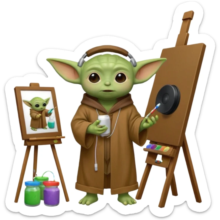 Baby Yoda in his brown robe listening music on his headphones, painting a picture on an easel and surrounded by paint pots. sticker
