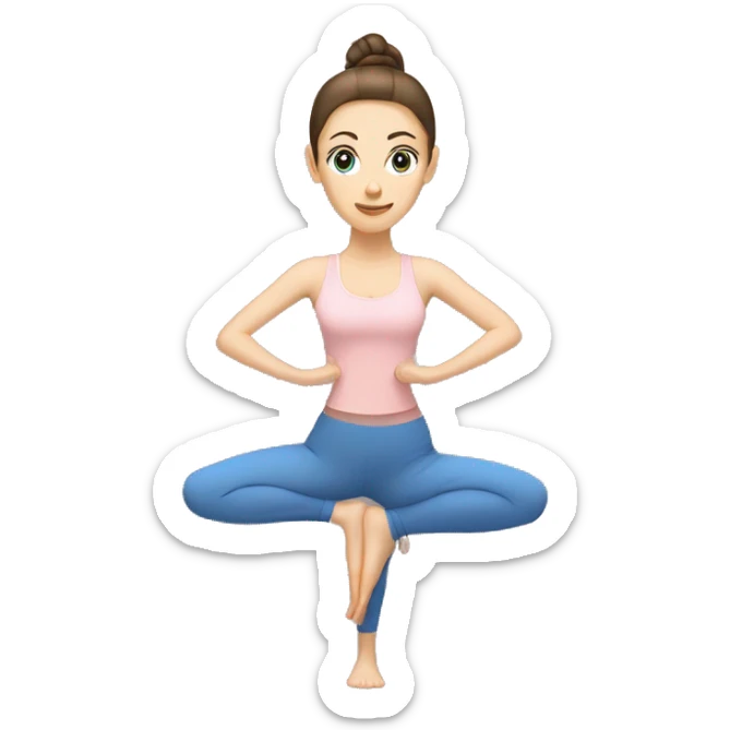 A White woman with blue eyes and brunette hair in a high ponytail doing yoga in beige and light pink sticker