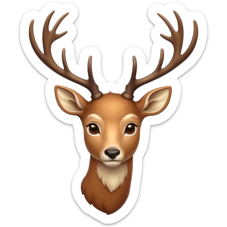 Cinematic Noble Deer Portrait Emoji, Poised and regal, with a graceful, slender build and a dappled Fur of warm browns and creams, elegant antlers crowning its head, deep-set soulful gentle eyes, Simplified yet sharp and sophisticated features, highly detailed, glowing with a soft, dignified glow, high shine, intelligent and serene, stylized with an air of forest majesty, focused and attentive, soft glowing outline, capturing the essence of a watchful woodland guardian, so majestic it feels as though it could gracefully leap out of the screen with effortless authority! sticker