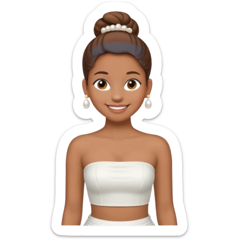 Full body, Light brown skin girl, brown hair in bun, smiling, white strapless tube top, pearl earrings sticker