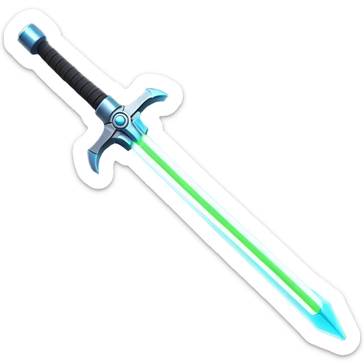 Clash of Clans aesthetic: Cinematic heroic light sabre Emoji, rendered in a 3D vector-style similar to standard emojis with minimal shading and bold, simplified shapes. A compact, vibrant energy blade with a neon-hued, glowing edge and futuristic hilt, softly glowing with a radiant cosmic charm. Simplified yet unmistakably iconic, highly detailed and consistent, glowing with a soft pulsating brilliance and high shine. Stylized with a touch of interstellar elegance and a soft glowing outline, capturing the essence of a legendary energy blade with a friendly, playful manner! sticker