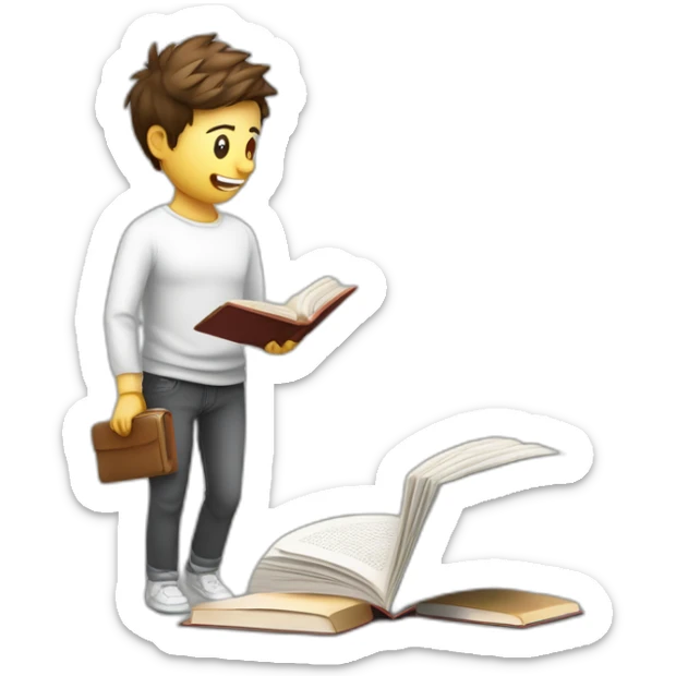 imagen estilizada de un estudiante riendose y saltand sacando fotocopias con un libro en sus manos de piel blanca y cuerpo completo sticker