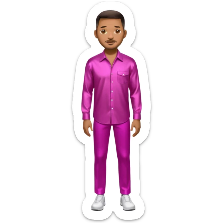 Will Smith with dark brown hair, metallic fuchsia dress shirt, metallic white pants sticker