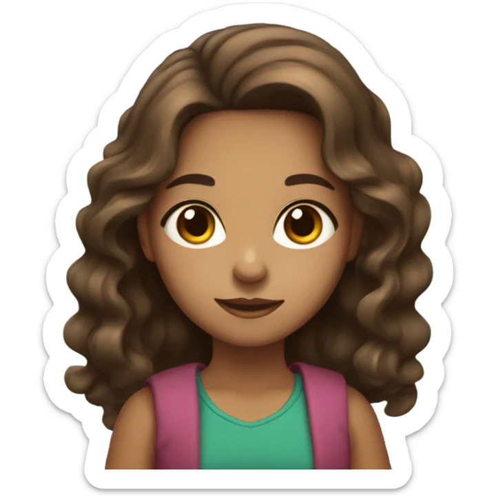 girl with olive skin, brown eyes and brown long wavy hair, holding a packet sticker