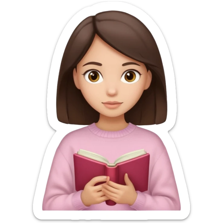 Pretty brown eyed brunette girl with light pink sweater reading cozy sticker