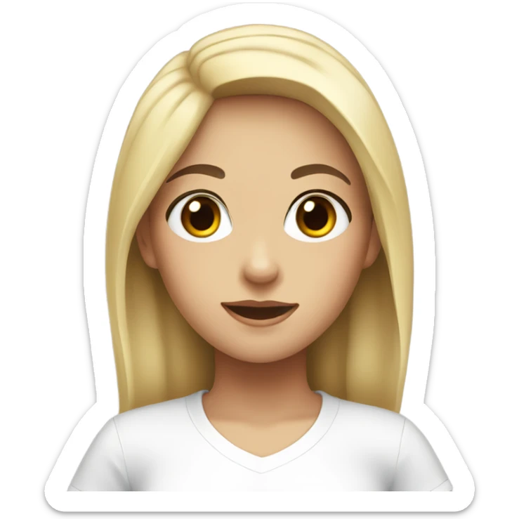 A girl with black hair and brown eyes, with blonde skin, in a white T-shirt sticker