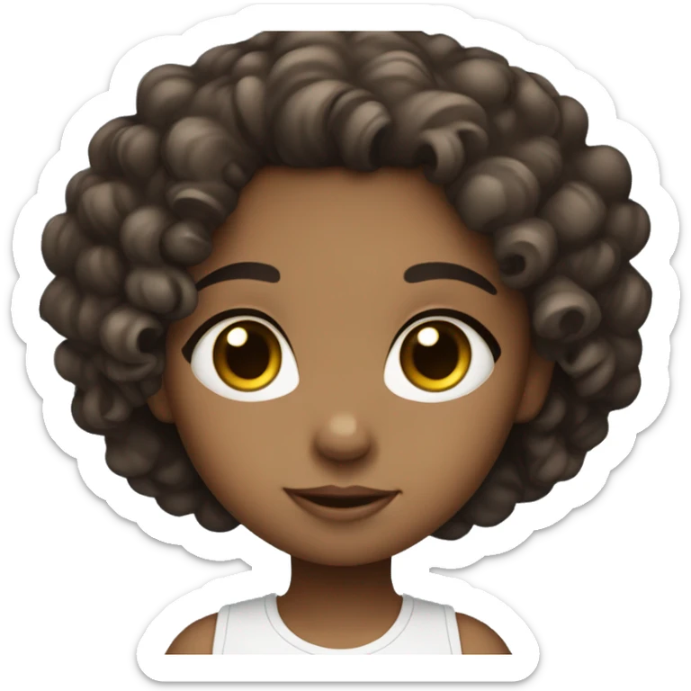 Chibi style. A girl. Dark browner curly hair. Blue eyes. Light skin. sticker