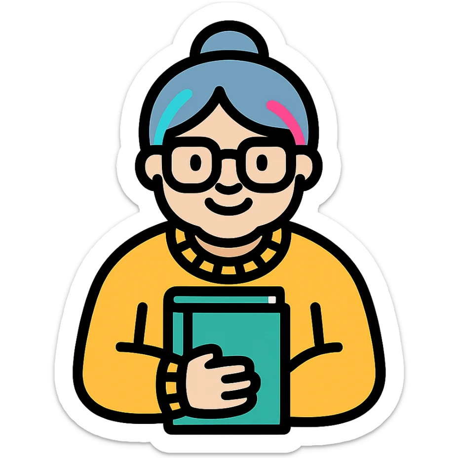 Gen Z style librarian granny with colorful hair streaks, trendy glasses, oversized sweater, holding a book, color outline icon sticker