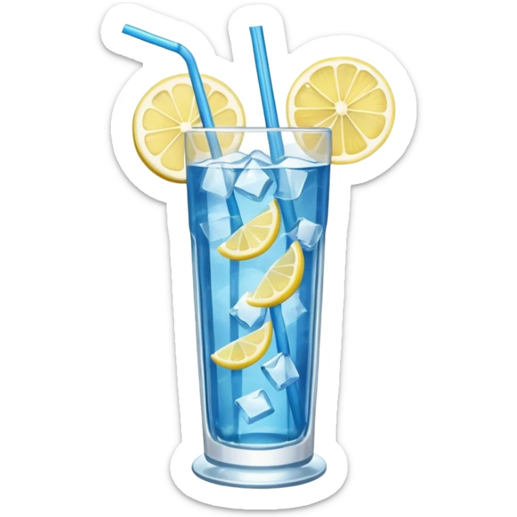 A tall glass of blue lagoon with lemon slices, ice cubes, and a curved straw.
 sticker