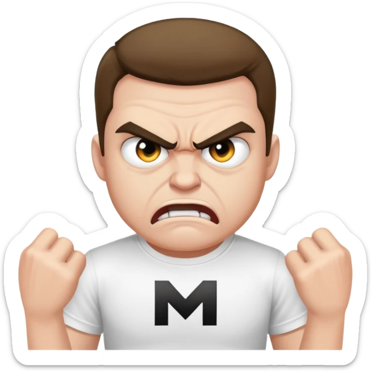 A angry man wearing a white t-shirt with a big black M on the t-shirt  sticker