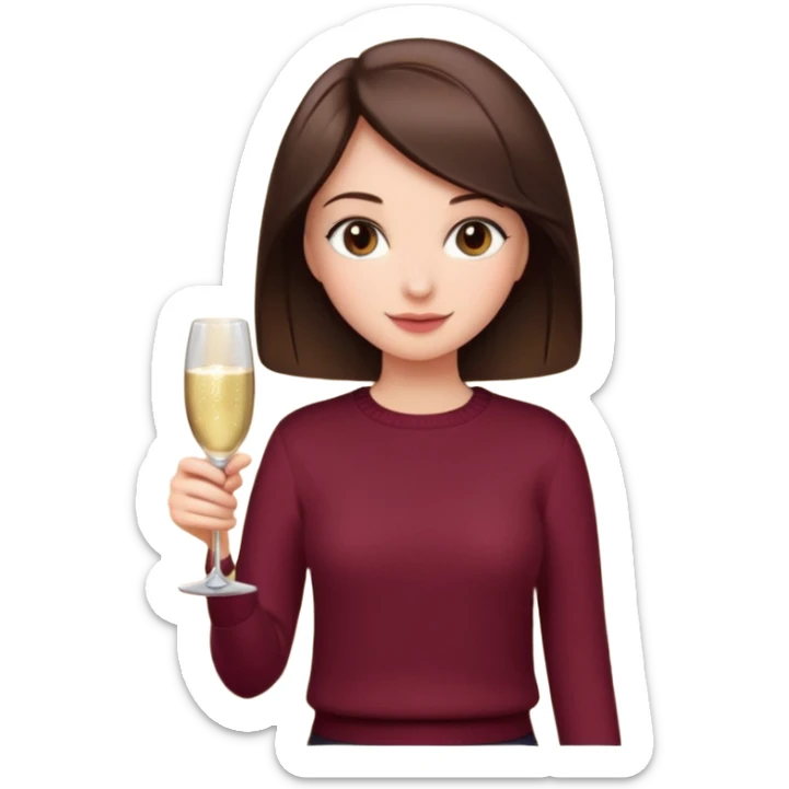 Brunette  with her back turned in burgundy sweater with glass of champagne in her hand  sticker