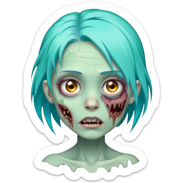female zombie with bright turquoise hair, rotting skin, sunken eyes, cute but scary sticker