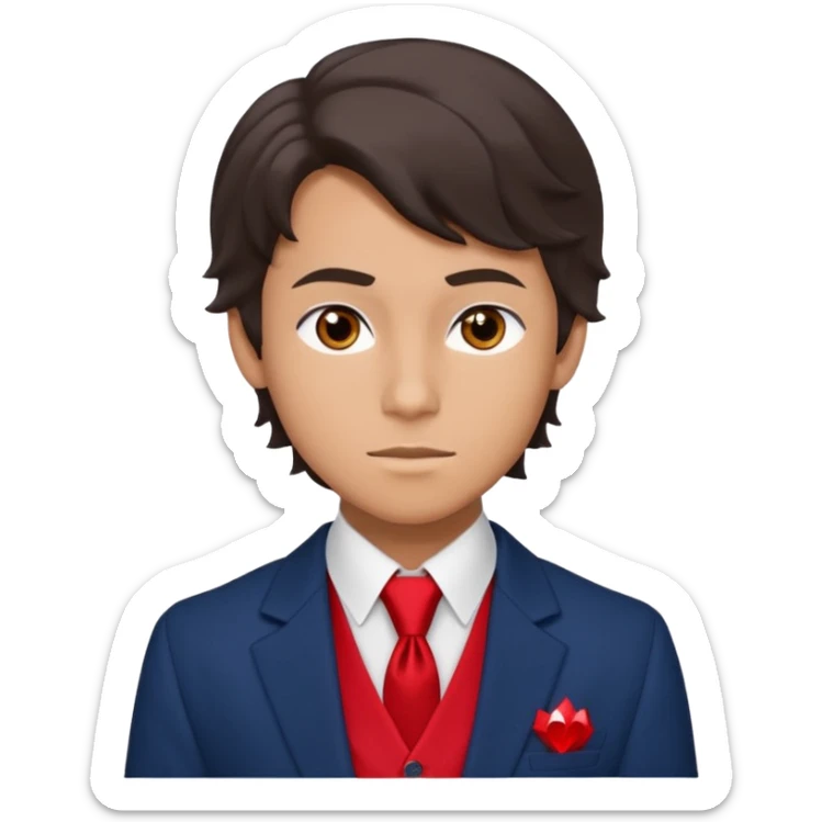 Number Five from "The Umbrella Academy": portrait of slim 16 yo teen (face, neck, shoulders, chest) in sarcastic pose, oval face with high cheekbones, gray eyes, dark brown wavy side-swept hair. Uniform: dark blue blazer with red trim, white shirt, black tie, diamond vest. sticker