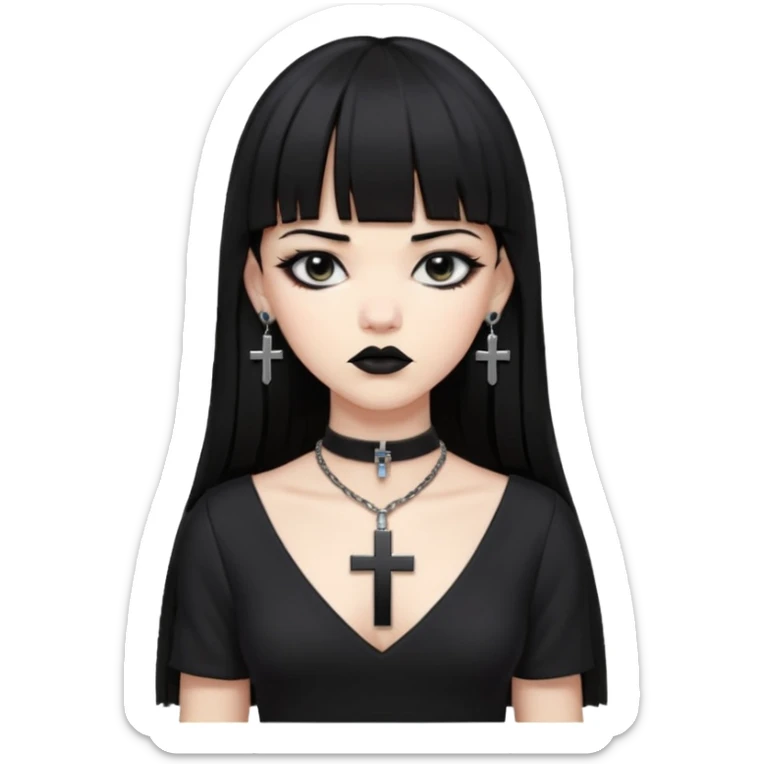 vampira parda com cabelo preto longo e liso e franja, olhos pretos, brincos em formato de cruz, choker em formato de cruz, roupa preta com decote, batom preto e séria sticker