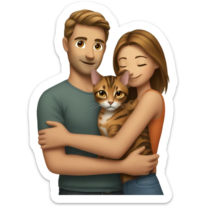 A man hugs a brown-haired skinny hot woman and a bengal cat sticker