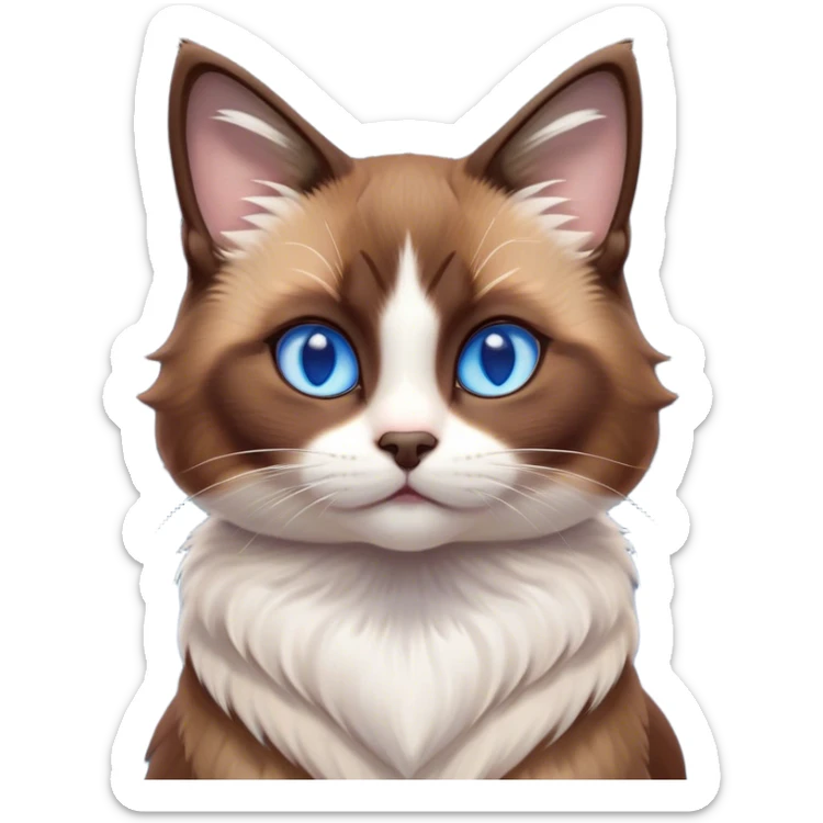 Cinematic Cute Brown Mantle Snowshoe Cat Portrait Emoji, Head tilted playfully and inquisitively, rich brown fur cascading over its back like a mantle, with soft white paws, chest, and face, striking icy-blue eyes brimming with curiosity, Simplified yet irresistibly adorable features, highly detailed, glowing with a warm, friendly glow, high shine, affectionate and lively, stylized with a touch of whimsy, bright and endearing, soft glowing outline, capturing the essence of a mischievous yet loving kitten, so playful it feels like it could pounce out of the screen and into your arms! sticker