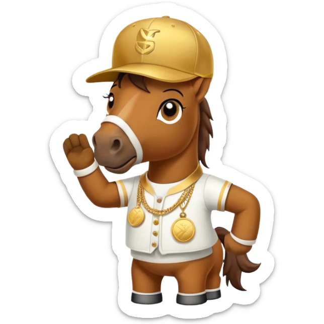 friendly anthropomorphised horse in a hip-hop outfit, wearing a gold medal and a baseball hat sticker
