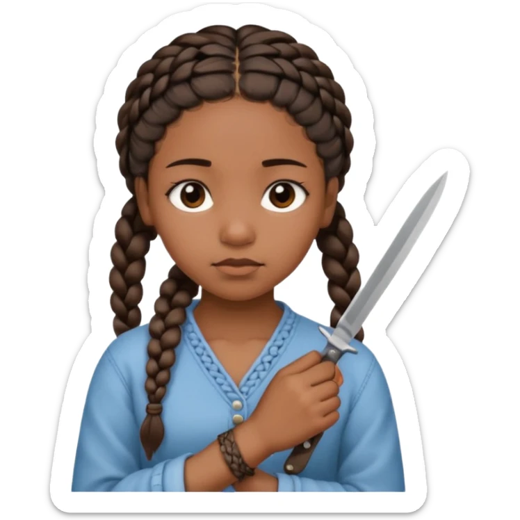 black girl with braids cutting wrists with a small blade with a peaceful but sad face sticker