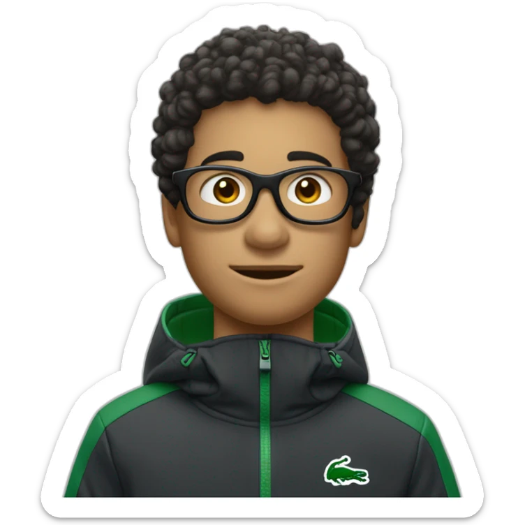 Un garçon blanc qui porte das lunettes de ski, il a les cheveux noirs et un survetement de lacoste sticker
