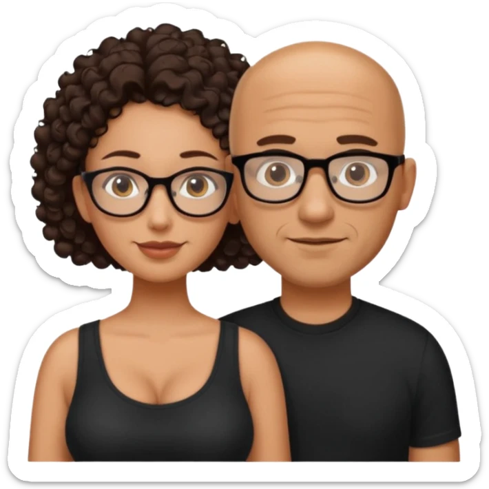 A picture of a tanned couple. the man is a Mexican man with tanned skin, no glasses, a bald hair cut, short beard and wearing a black shirt. the woman is wearing glasses, with long curly dark brown hair and with big boobs  sticker