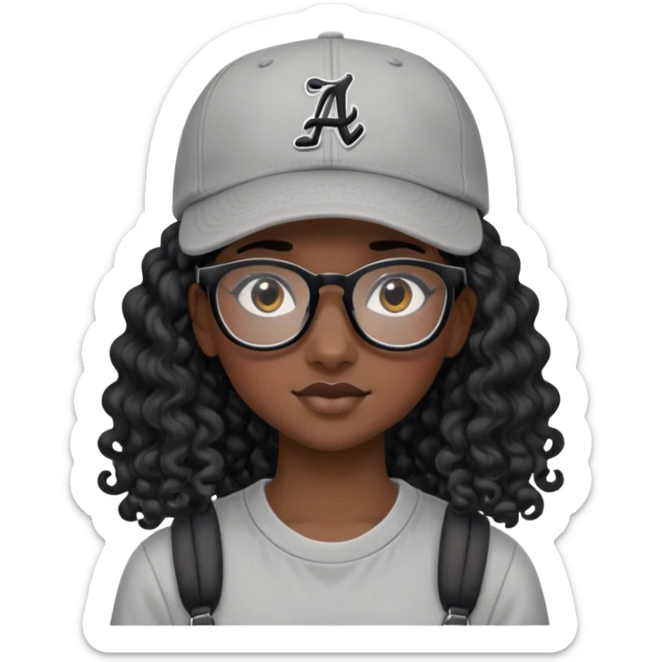 Nữ 15 tuổi, da đen, đeo kính gọng màu đen, tóc dài( màu đen, xoăn), mũ lưỡi trai quay ngược, áo màu ghi sticker