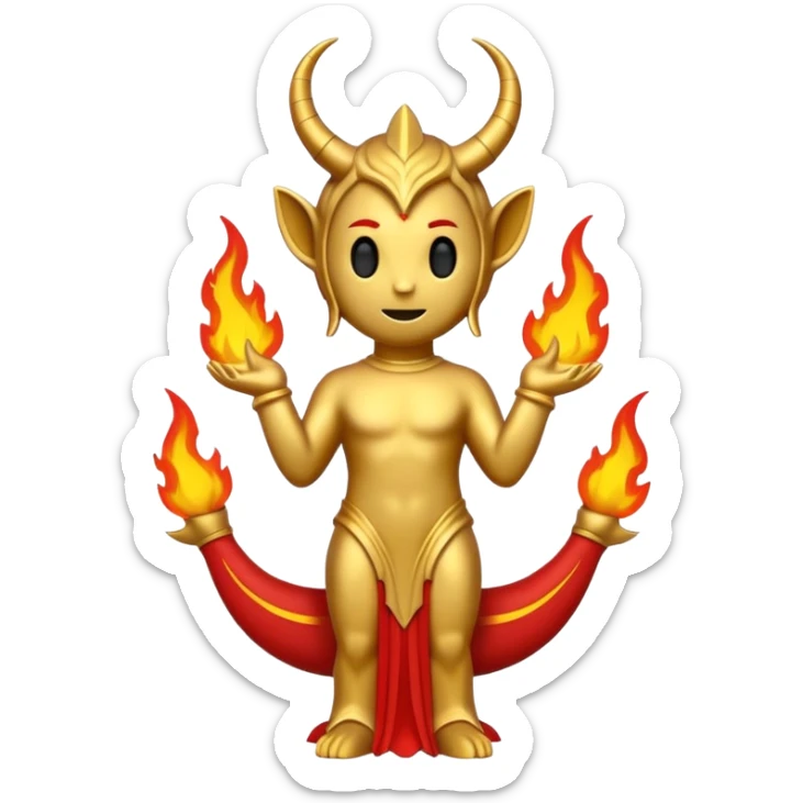 Minimalist emoji-style sticker of a full-body Oscar-like statue in gold color, with subtle devilish elements: small horns on the head, a pointed tail, and fire around the base. Flat design, thick lines, black, gold, and red color palette, silhouette style, centered on white square background. sticker