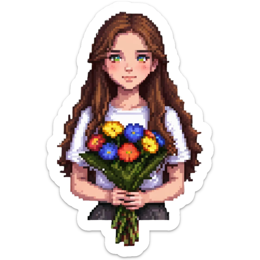 Cool girl with long brown hair holding a bouquet of flowers sticker