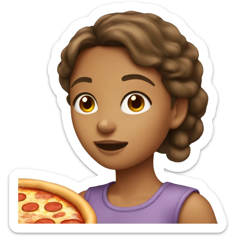 Girl with brown hair and tan skin eating pizza sticker
