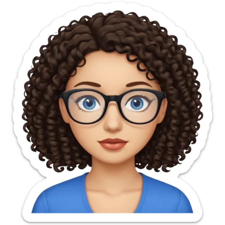 a woman, 30 years old, light skin with dark brown curly hair. eyeglasses. Black top. blue eyes. sticker