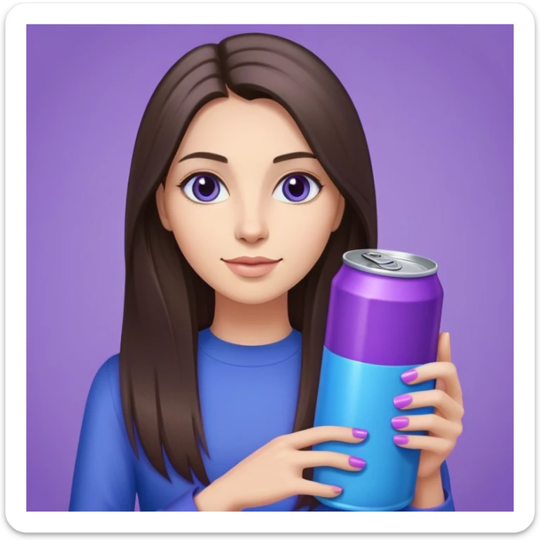 woman with long straight brunette hair holding a purple and blue can sticker