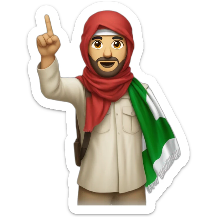 Palestinian Red Shemagh with the Palestinian scarf and his skin color is white and he raises his index finger  sticker