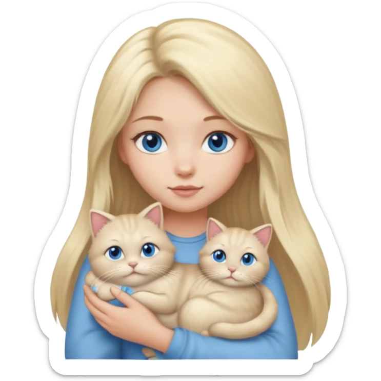 blonde girl with long blonde hair and blue eyes with chubby gray cat sticker