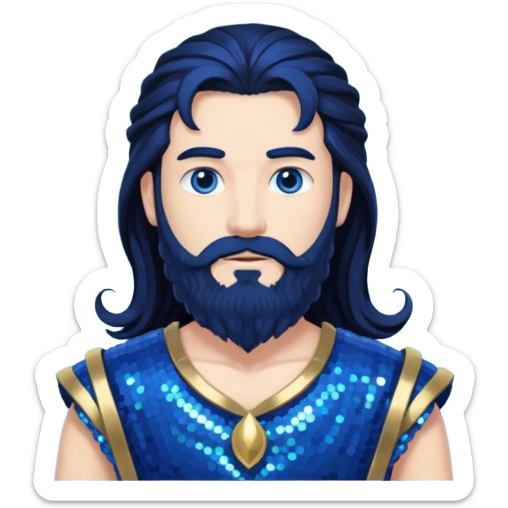 Neptune, King of the Sea from Gods and Goddesses with long black hair and beard, cobalt blue sequin outfit sticker