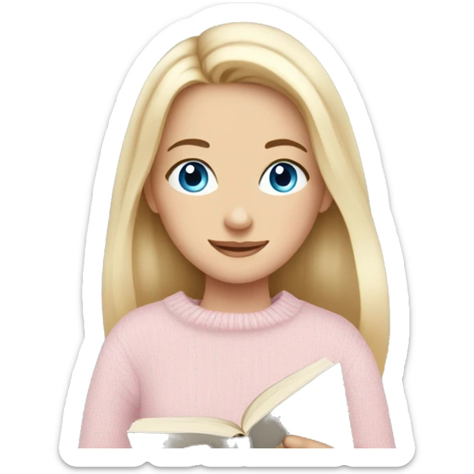 Pretty blue eyed white girl with light pink sweater reading cozy sticker