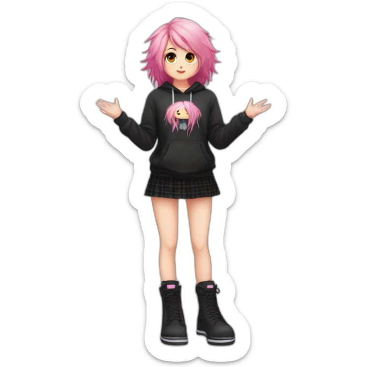 Full body Front view curvy emo girl pink hair sits on the floor straight view hands up black skirt полосатые рваные чулки sticker