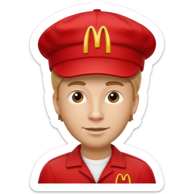 caucasian male McDonald's worker

red casual cashier clothes, red cap with the McDonald's logo sticker