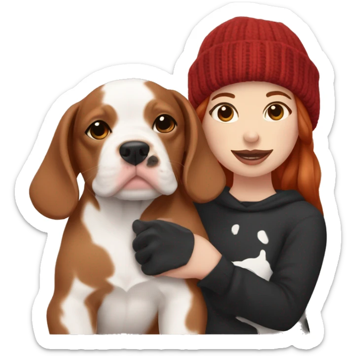 Long Red haired woman in beanie with septum piercing holding black and white English Staffordshire puppy sticker