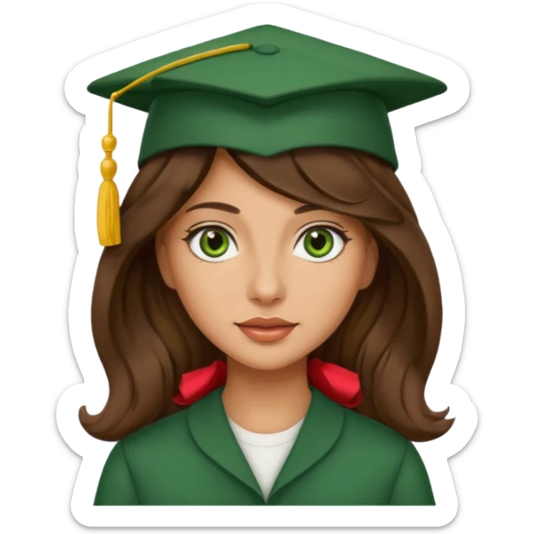 beautiful  womanolive skin with wavy long long brown hair and green eyes with school hat sticker