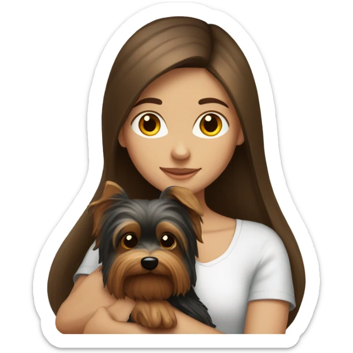 Brunette girl with brown long hair, hugging her yorkie, white sticker
