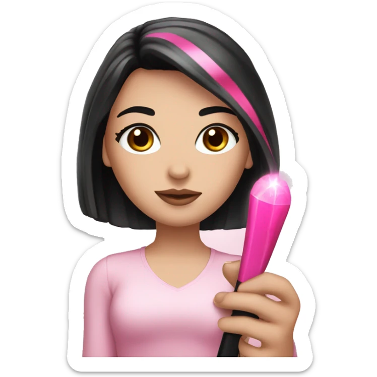 White Girl hand pink nails holding pink wand with black hair and brown eyes sticker