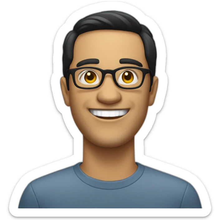 portuguese white man with straight black hair down below ears, round glasses and a big smile sticker
